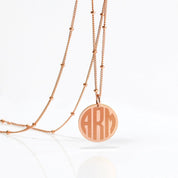 Rose gold monogram disc necklace with bold engraved initials “ARM” on a delicate beaded satellite chain, personalized jewelry gift for her, custom initial pendant perfect for bridesmaids, birthdays, graduation or everyday minimalist style