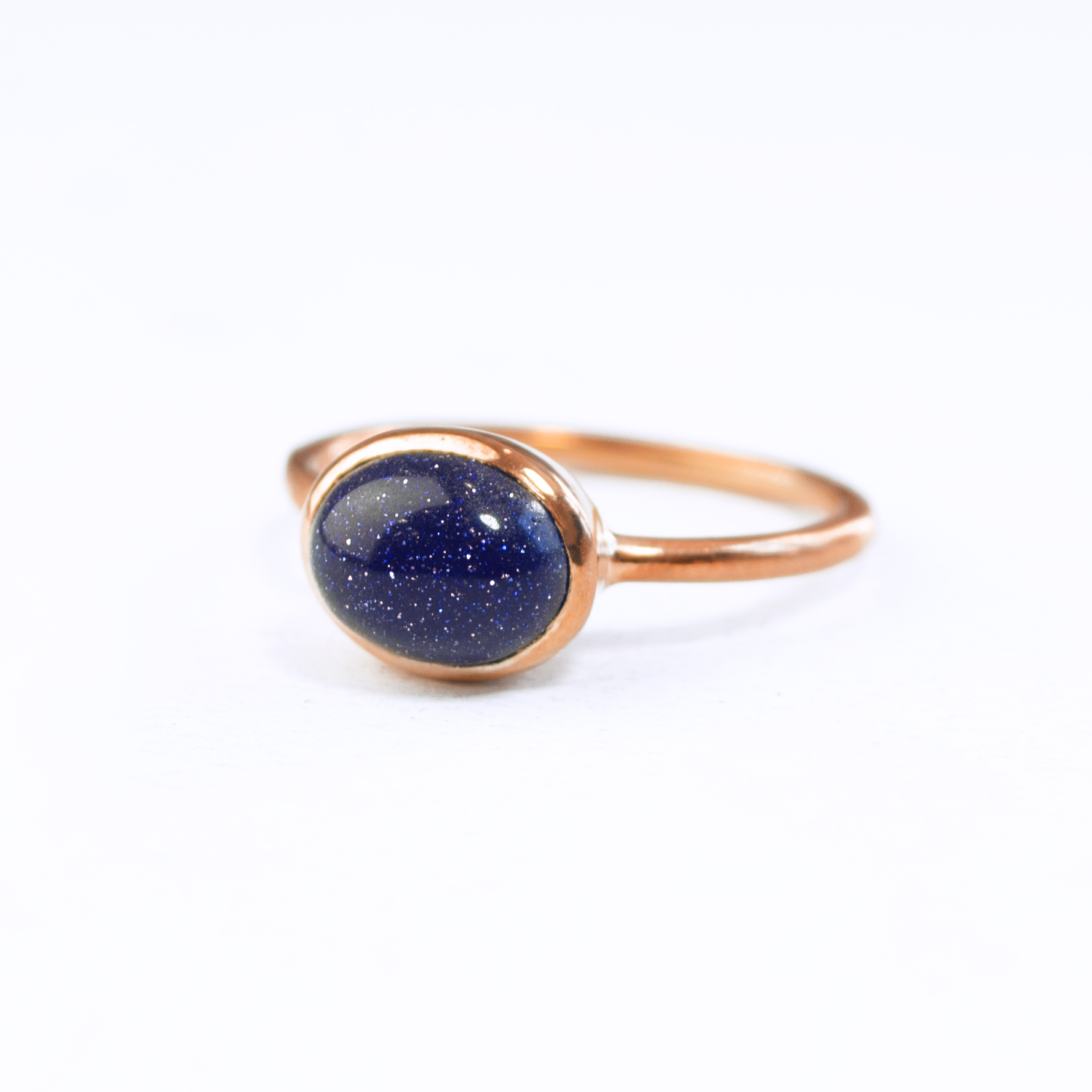 Oval Blue Goldstone Cabochon Ring, Bezel Set Birthstone Ring in Sterling Silver, Gold or Rose Gold