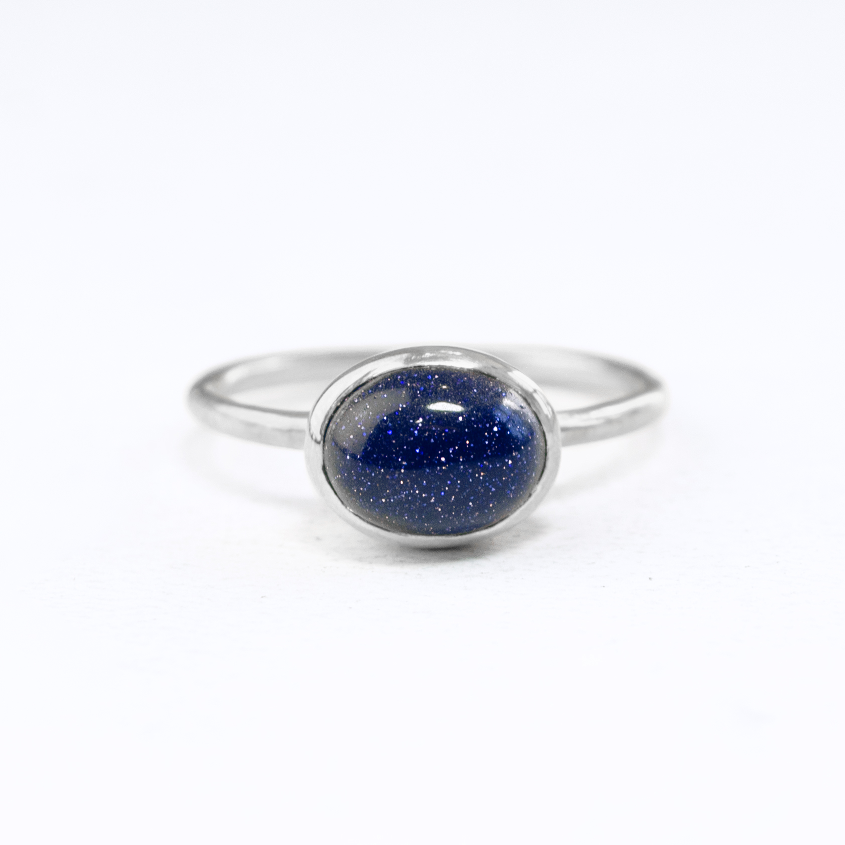 Oval Blue Goldstone Cabochon Ring, Bezel Set Birthstone Ring in Sterling Silver, Gold or Rose Gold