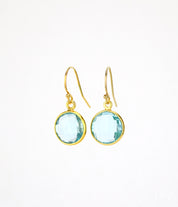 Round Blue Topaz Drop Earrings, Bezel Set Circle Birthstone Dangle Earrings, Sterling Silver, Gold Vermeil, Christmas, December Birthday Gift for Her