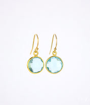 Round Blue Topaz Drop Earrings, Bezel Set Circle Birthstone Dangle Earrings, Sterling Silver, Gold Vermeil, Christmas, December Birthday Gift for Her