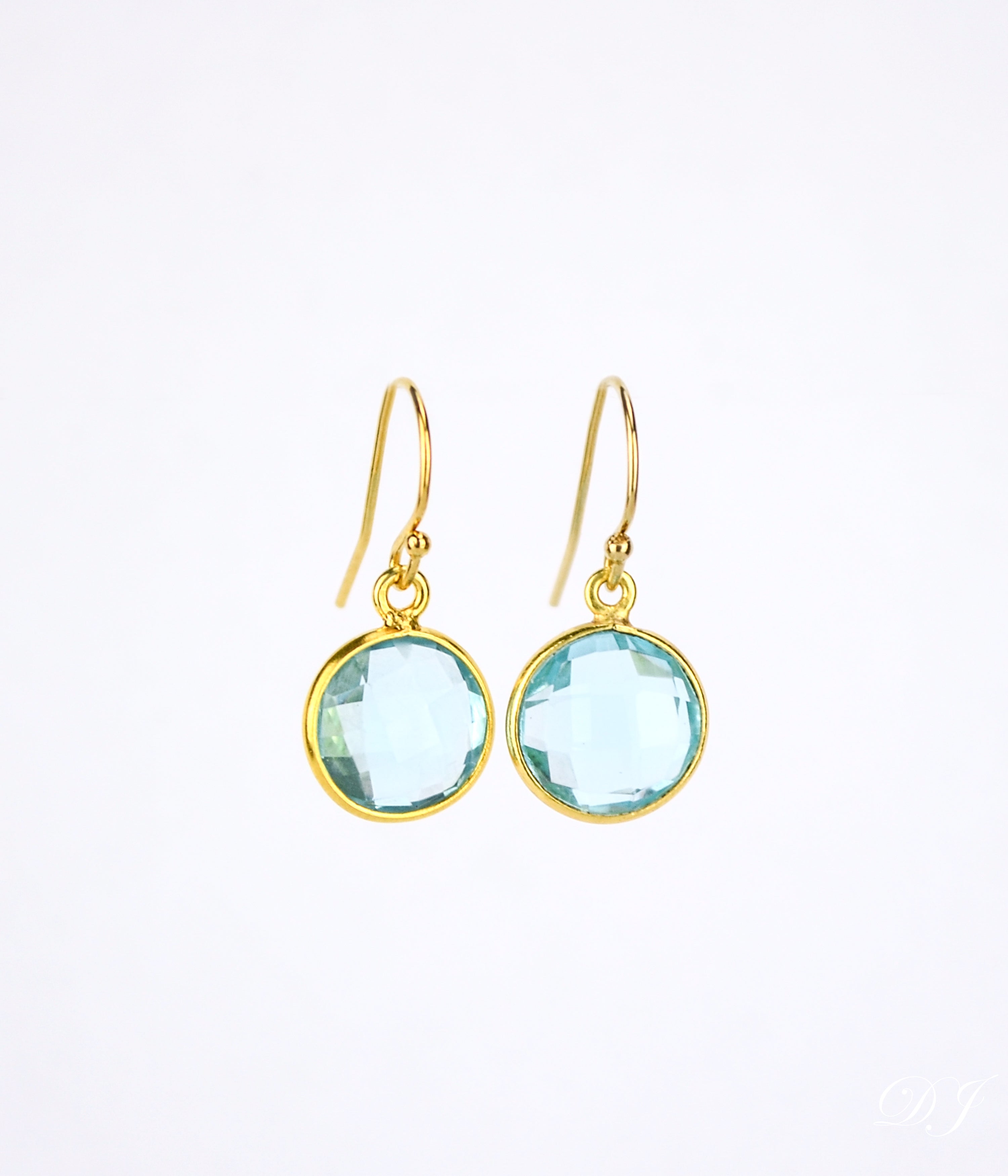 Round Blue Topaz Drop Earrings, Bezel Set Circle Birthstone Dangle Earrings, Sterling Silver, Gold Vermeil, Christmas, December Birthday Gift for Her