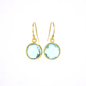 Round Blue Topaz Drop Earrings, Bezel Set Circle Birthstone Dangle Earrings, Sterling Silver, Gold Vermeil, Christmas, December Birthday Gift for Her