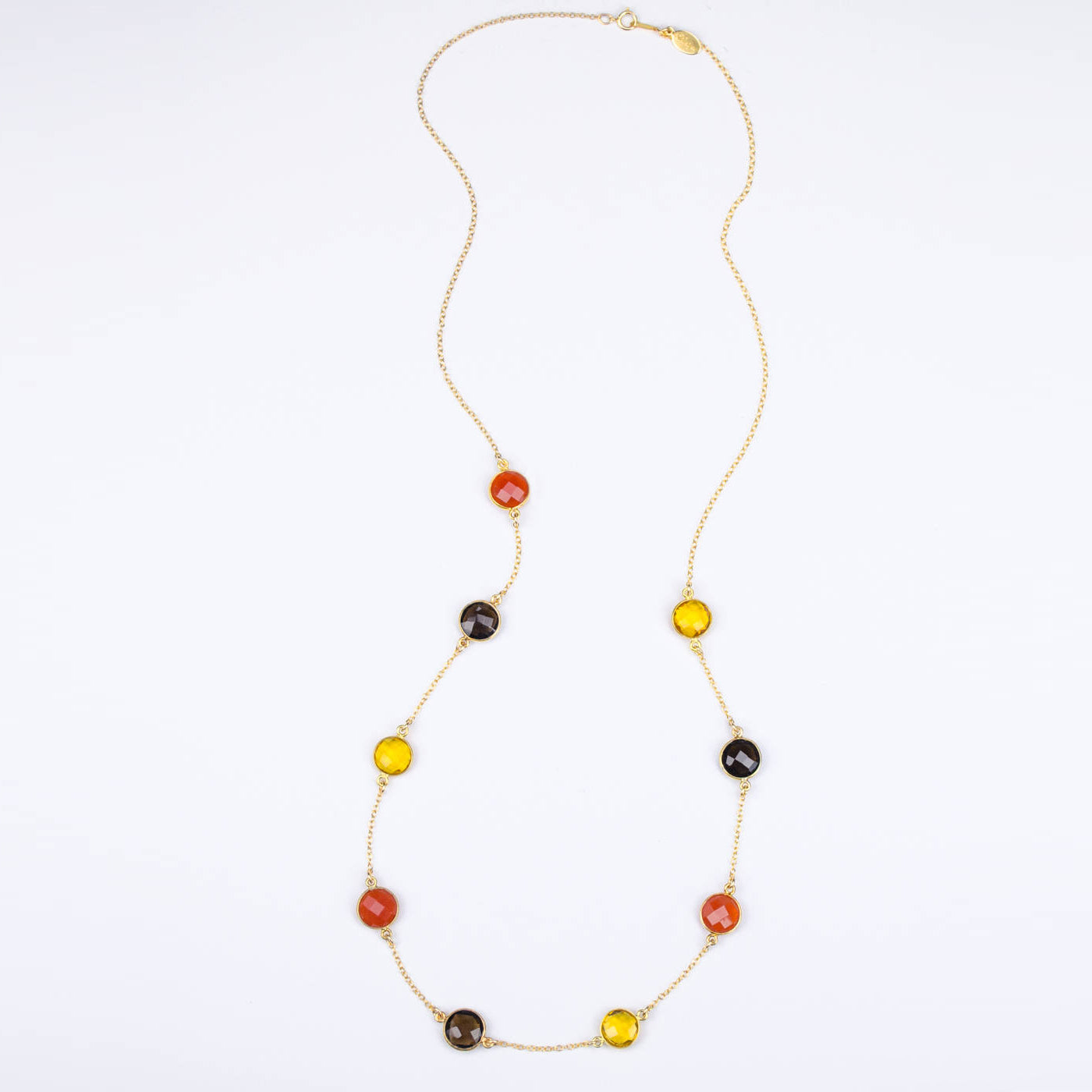 Long Citrine, Carnelian, Smoky Quartz bezel station necklace