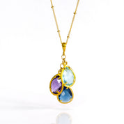 Custom Mother's Birthstone Necklace with Cascading Prong Set Teardrop Gemstones Gold-Filled Chain Vermeil Gold Birthstone Charms with Kyanite, Purple Amethyst, and Sky Blue Quartz