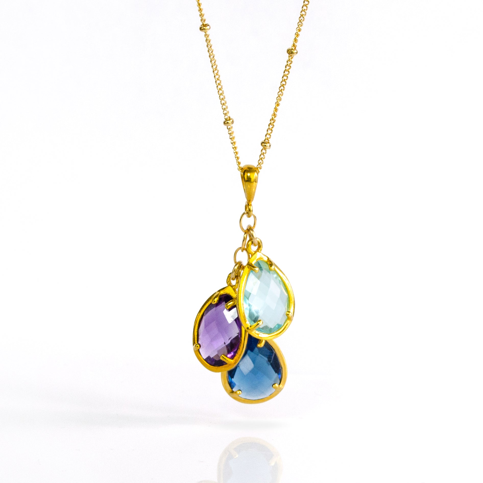 Custom Mother's Birthstone Necklace with Cascading Prong Set Teardrop Gemstones Gold-Filled Chain Vermeil Gold Birthstone Charms with Kyanite, Purple Amethyst, and Sky Blue Quartz