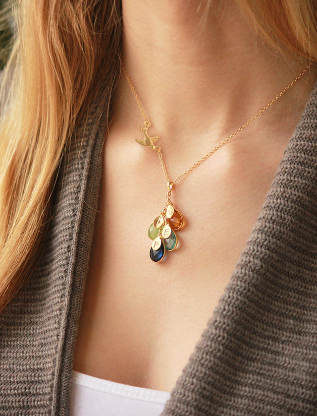 Family Necklace, Flying Momma Bird with Baby Birds and Birthstones