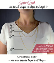 Necklace length options for 16", 18”, 20”, 24”, and 30" shown on model who is 5'4" tall and size medium
