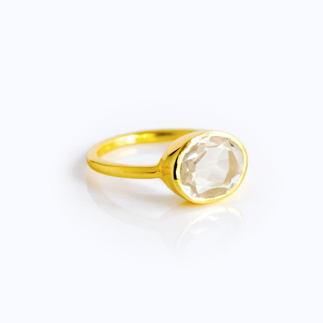 Gold plated over sterling silver clear quartz birthstone ring april birthstone gemstone ring april gemstone birthstone jewelry on white background