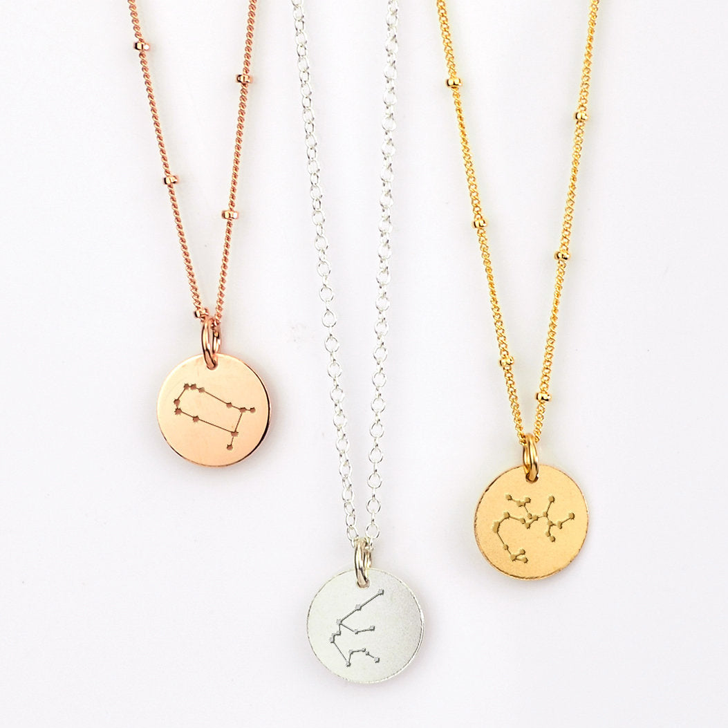 Single rose gold filled, sterling silver with cable chain and gold filled satellite chain zodiac constellation necklaces