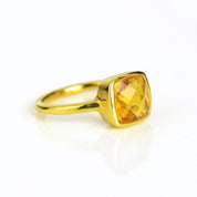 Single gold filled citrine gemstone 9mm ring. November birthstone on white background. Great gift for mom, her birthday, christmas or any holiday