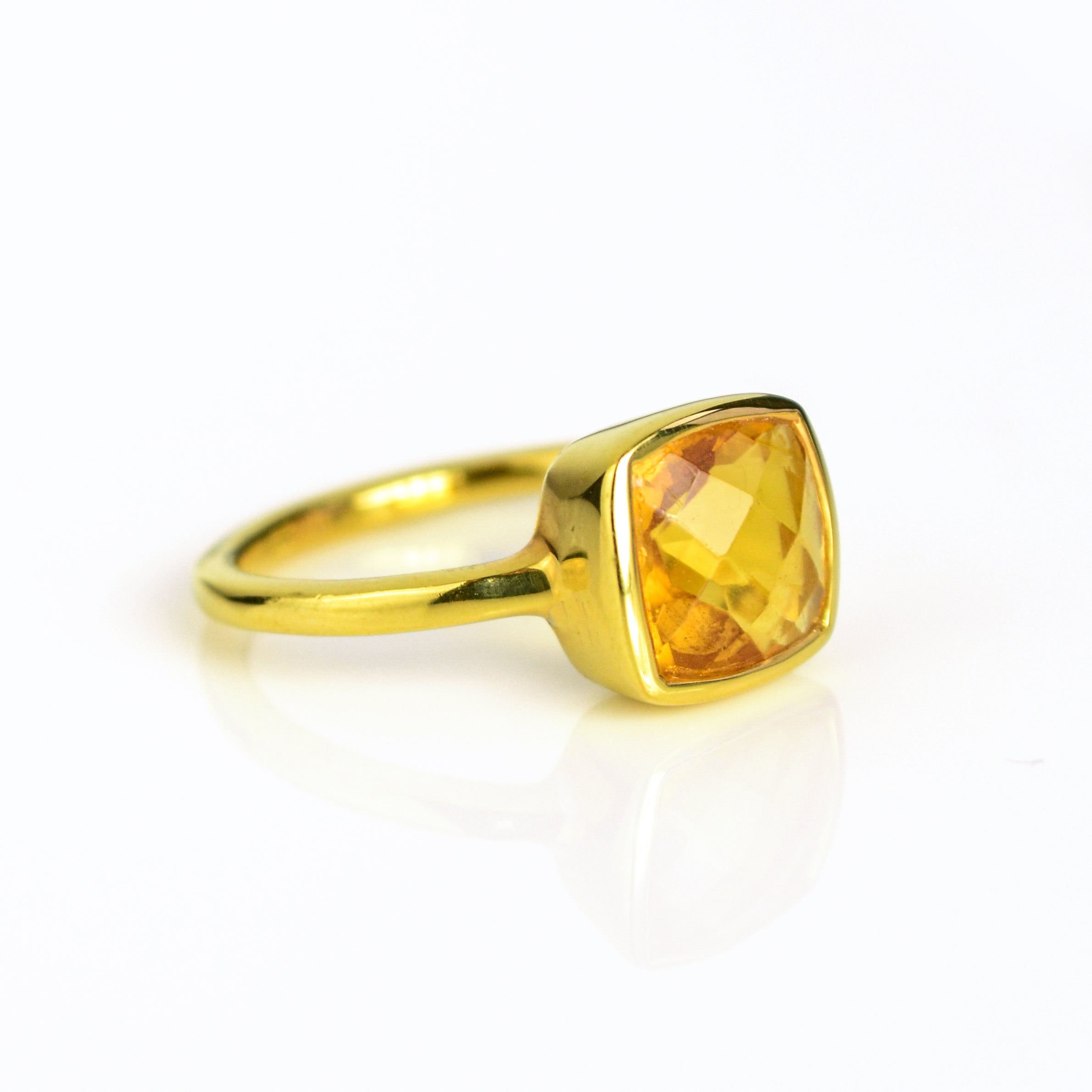 Single gold filled citrine gemstone 9mm ring. November birthstone on white background. Great gift for mom, her birthday, christmas or any holiday