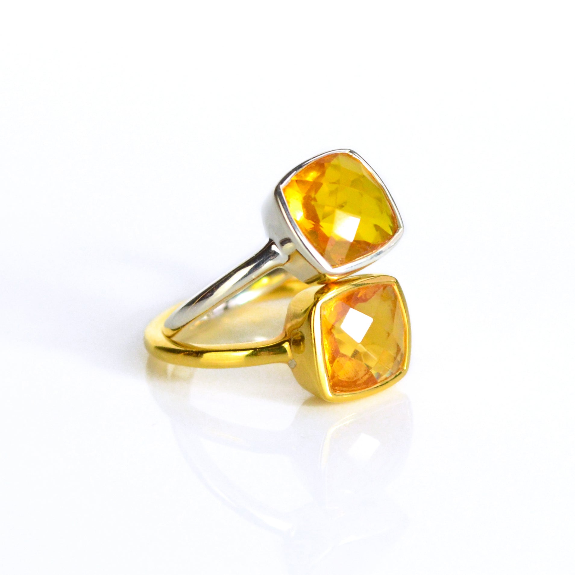 One gold filled and sterling silver citrine gemstone 9mm ring. November birthstone on white background. Great gift for mom, her birthday, christmas or any holiday