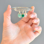 Sterling Silver Bangle Bracelet with 3 Stones and Initials Aqua Chalcedony Green Onyx Pink Chalcedony birthstone. Initial charm, letter charm