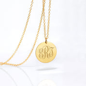 Minimalist gold monogram disc necklace engraved with ERJl, custom engraved initials pendant, dainty everyday personalized jewelry