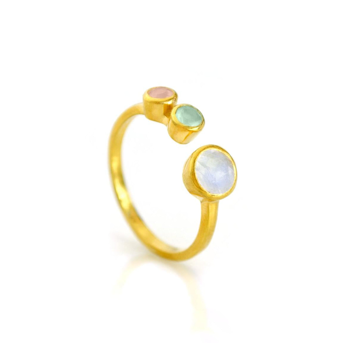 A multi birthstone ring for mom of two featuring one large 5mm bezel-set birthstone and two small 3mm child stones on an adjustable open band in gold vermeil. This custom family ring is designed as a meaningful gift for mom, perfect for celebrating children, birthdays, Mother’s Day, or a new baby. The dainty personalized bezel-set gemstone arrangement highlights your family story in elegant handmade jewelry she can wear every day.