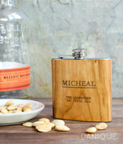 One custom engraved wood flasks in cedar with name and groomsman message. Fantastic as party favor, christmas gifts, or gifts for Dad, husband or boyfriend.