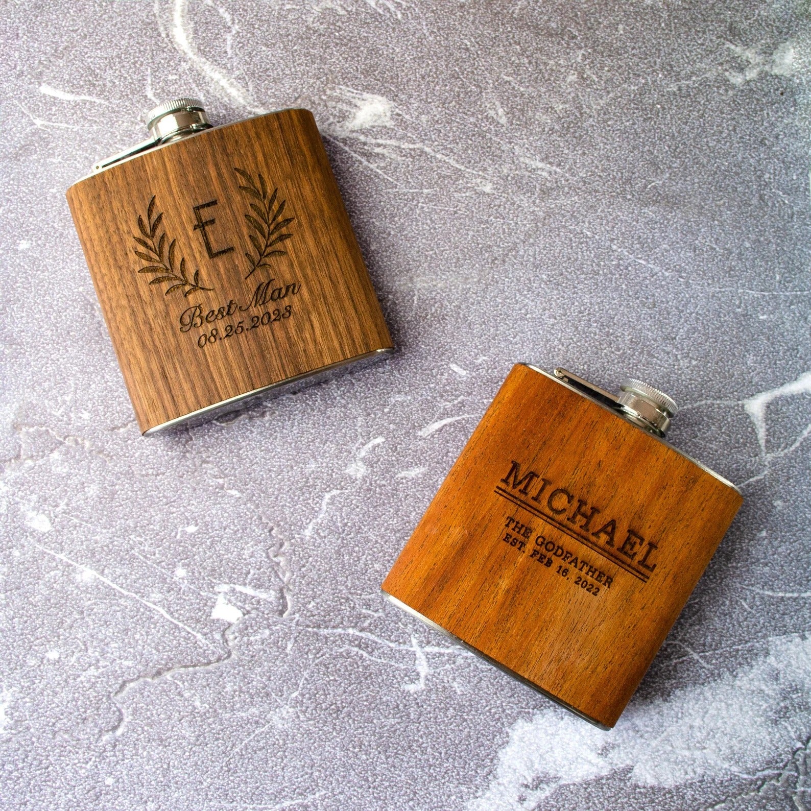 Three custom engraved wood flasks in mahogany with name and message, walnut for the grooms gift . Fantastic as party favor, Christmas gifts, or gifts for Dad, groomsman, husband or boyfriend.