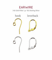 Ear wire stiles come in hook and leverback and are gold filled or sterling silver. 