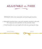 Adjustable vs fixed. Adjustable bracelets have a one inch extender attached to the end. The clasp can close anywhere on this extender chain.  Fixed bracelets are a set length with only one opening for clasp. 