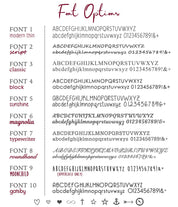 Font options are Modern Thin, Script, Classic, Block, Sunshine, Magnolia, Typewriter, Roundhand, Moonchild and Gatsby. These are perfect for your babys name and stats on the back of the keychain. Maximum 40 character limit for back engraving