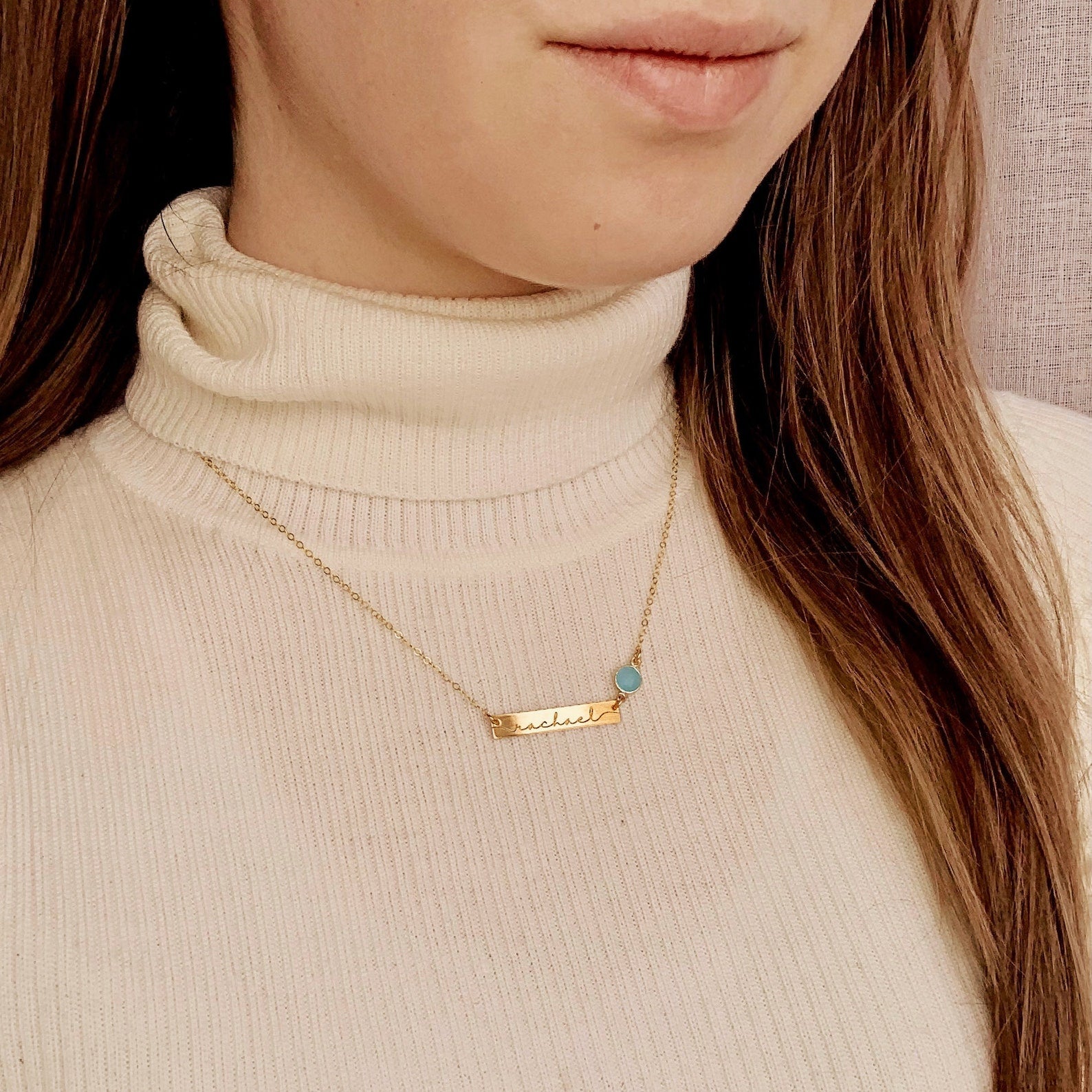 goldbarnecklacewithmarchbirthstonemothersnecklacewithgemstoneconnectormamajewelry