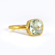 Gold plated green amethyst ring, february birthstone jewelry, green gemstone ring, square cushion faceted green amethyst, Bezel set ring, Sterling silver ring, green amethyst gift, february birthday gift, green ring for her, birthstone ring, february birthstone 