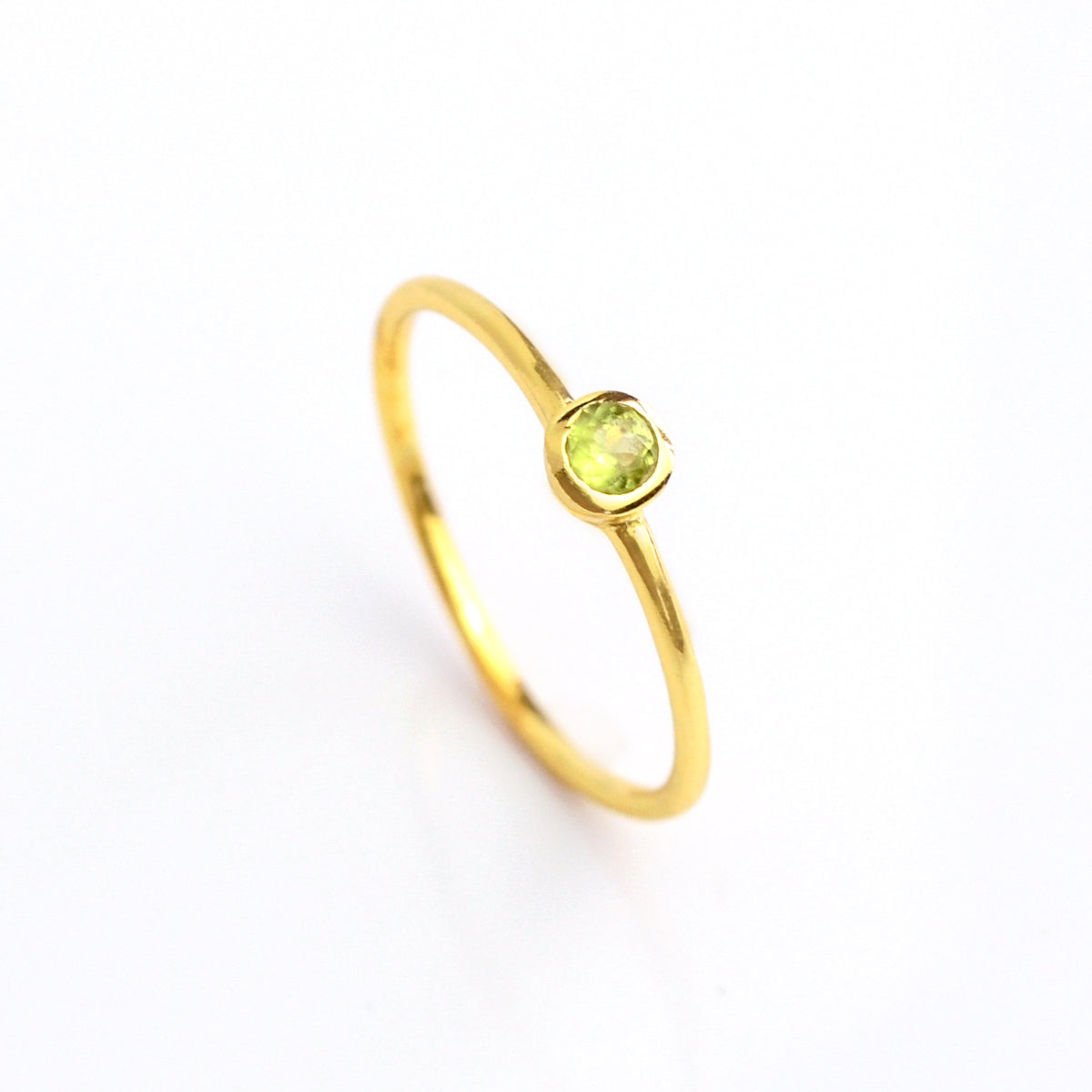 Single gold plated dainty 3mm Green Amethyst gemstone ring. February  birthstone. On white background. 925 sterling silver, birthstone ring, stacking ring, stackable, birthstone jewelry, facet gemstone