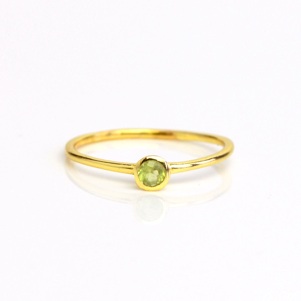 Single gold plated dainty 3mm Green Amethyst gemstone ring. February  birthstone. On white background. 925 sterling silver, birthstone ring, stacking ring, stackable, birthstone jewelry, facet gemstone