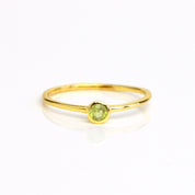 Single gold plated dainty 3mm Green Amethyst gemstone ring. February  birthstone. On white background. 925 sterling silver, birthstone ring, stacking ring, stackable, birthstone jewelry, facet gemstone