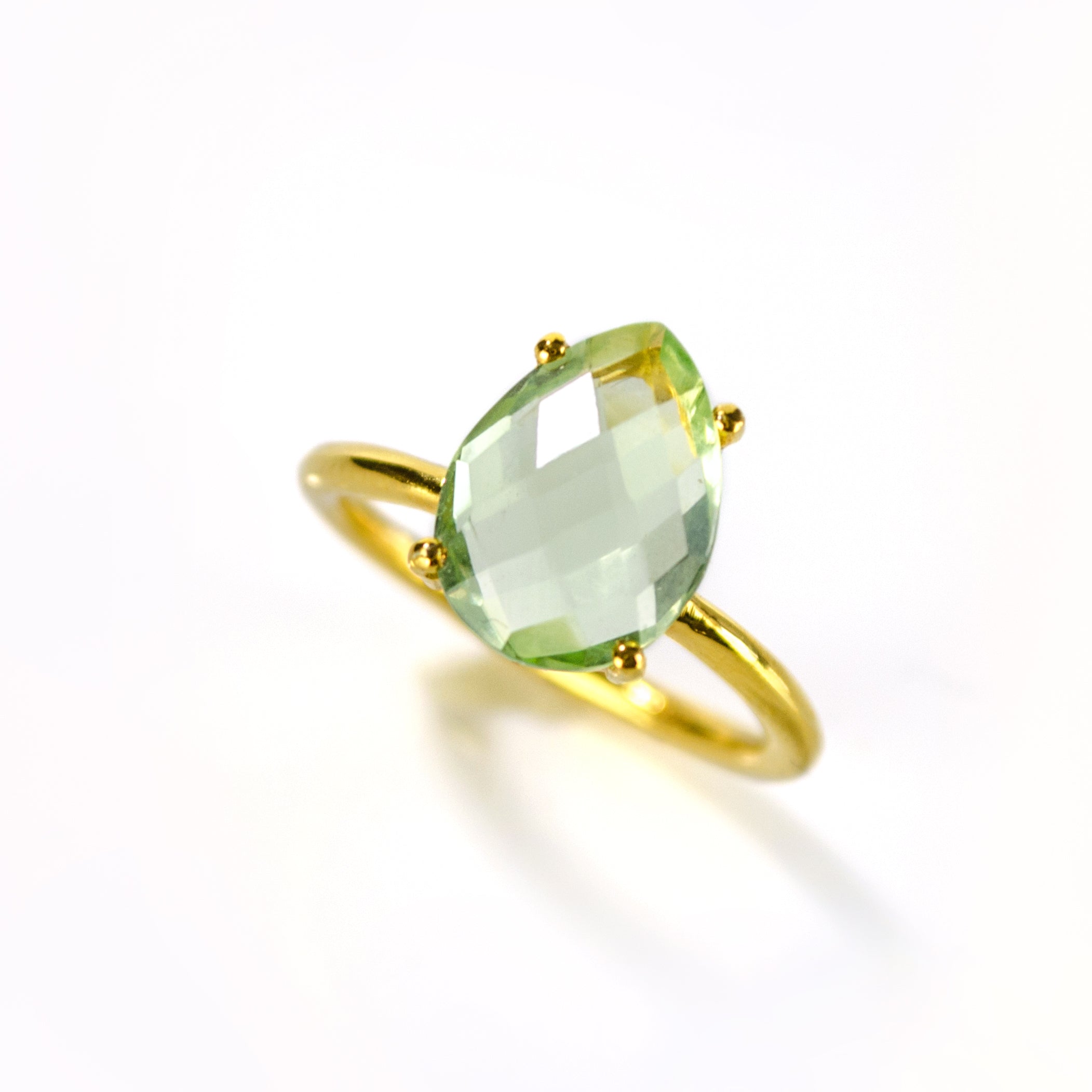 Prasiolite Green Amethyst Teardrop Prong Set Ring • February Birthstone