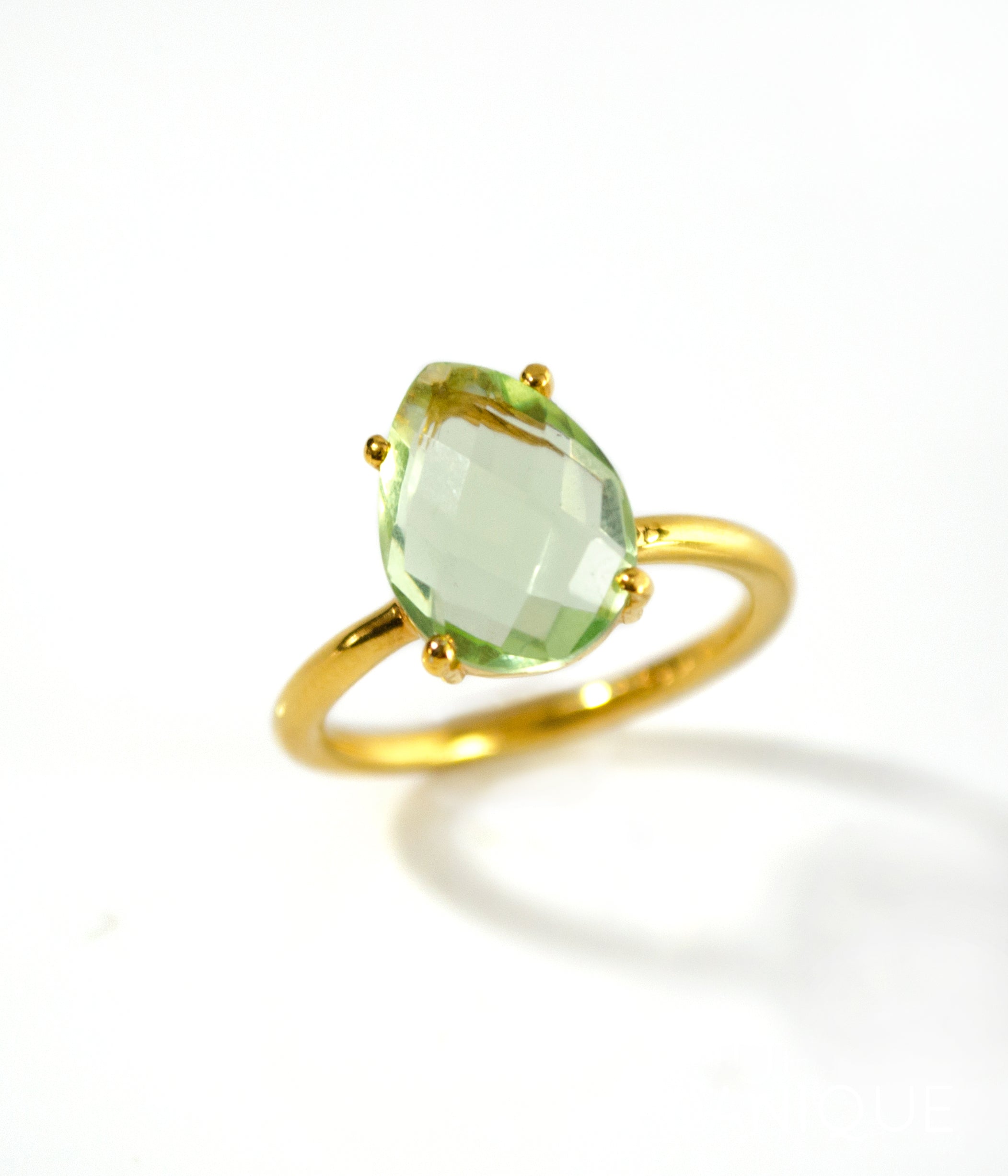 Prasiolite Green Amethyst Teardrop Prong Set Ring • February Birthstone