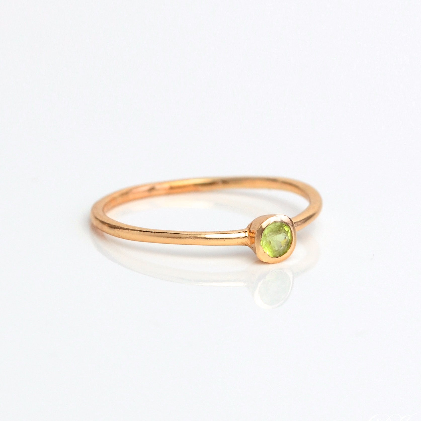 Single rose gold plated dainty 3mm Green Amethyst gemstone ring. February  birthstone. On white background. 925 sterling silver, birthstone ring, stacking ring, stackable, birthstone jewelry, facet gemstone