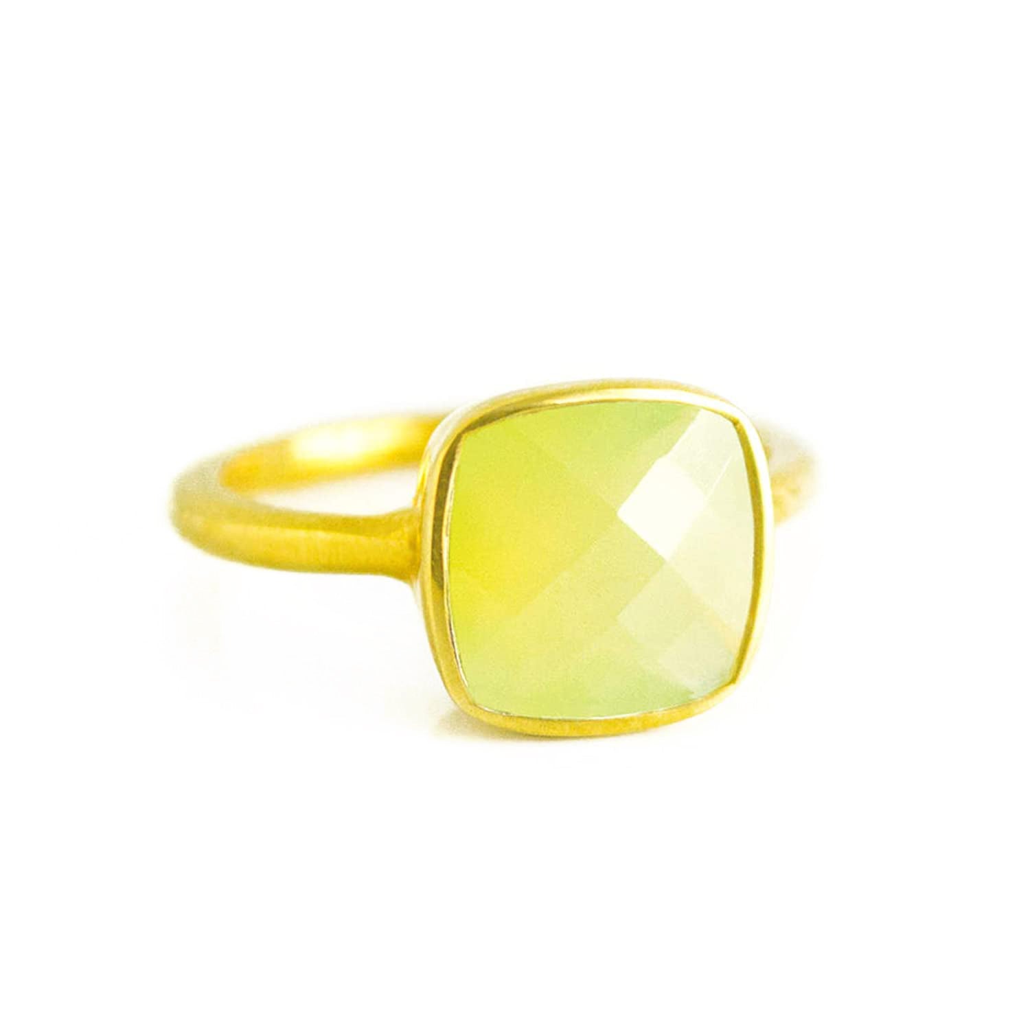 Green chalcedony gold plated cushion bezel square stacking ring on white background. august birthday, august gemstone square gemstone, sterling silver ring, august ring