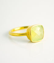 Green chalcedony gold plated cushion bezel square stacking ring on white background. august birthday, august gemstone square gemstone, sterling silver ring, august ring