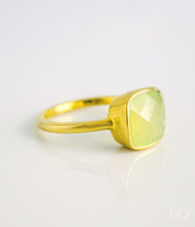 Green chalcedony gold plated cushion bezel square stacking ring on white background. august birthday, august gemstone square gemstone, sterling silver ring, august ring