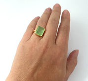 Green Chalcedony rectangle bezel set ring:August Birthstone