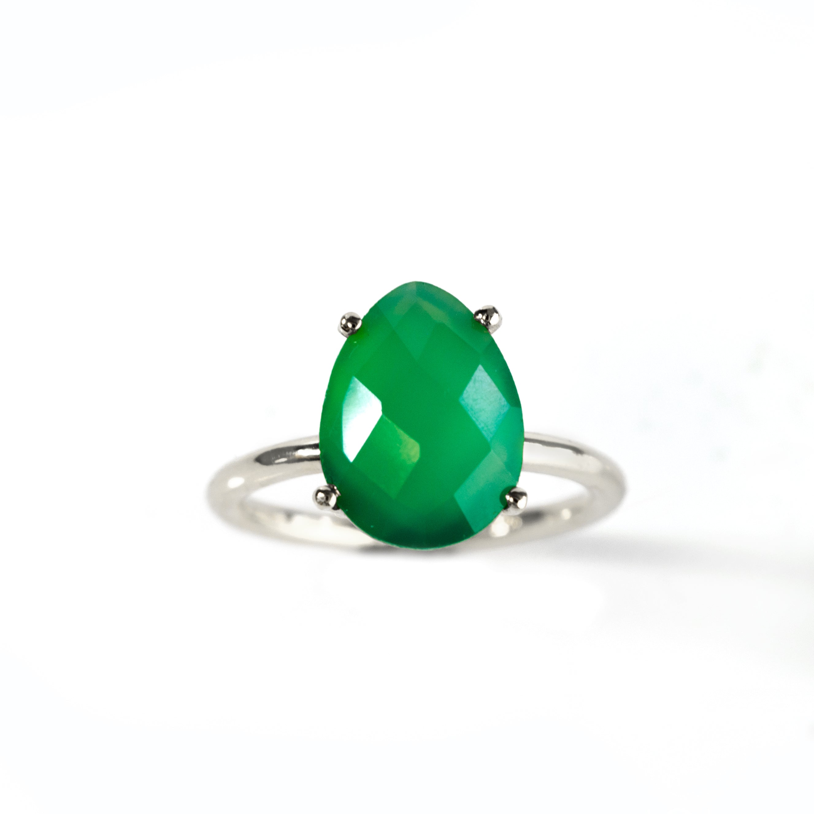 Green Onyx Teardrop Prong Set Ring • May Birthstone