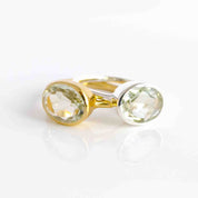 Stacking rings set in sterling silver and gold plated with green amethyst birthstone. February birthstone, light green birthstone, light green gemstone, light green gem, birthstone rings stackable bezel set