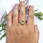 Model is wearing Green Amethyst gold plated cushion bezel square White topaz pave stacking ring. February birthday, February gemstone, square gemstone, sterling silver, green birthstone, green ring