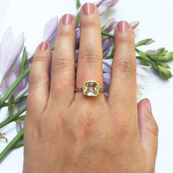 Model is wearing Green Amethyst gold plated cushion bezel square White topaz pave stacking ring. February birthday, February gemstone, square gemstone, sterling silver, green birthstone, green ring