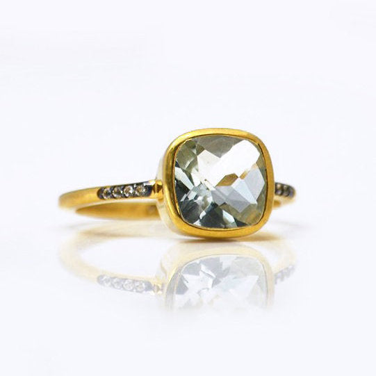 Green Amethyst gold plated cushion bezel square White topaz pave stacking ring on white background. February birthday, February gemstone, square gemstone, sterling silver, green birthstone, green ring