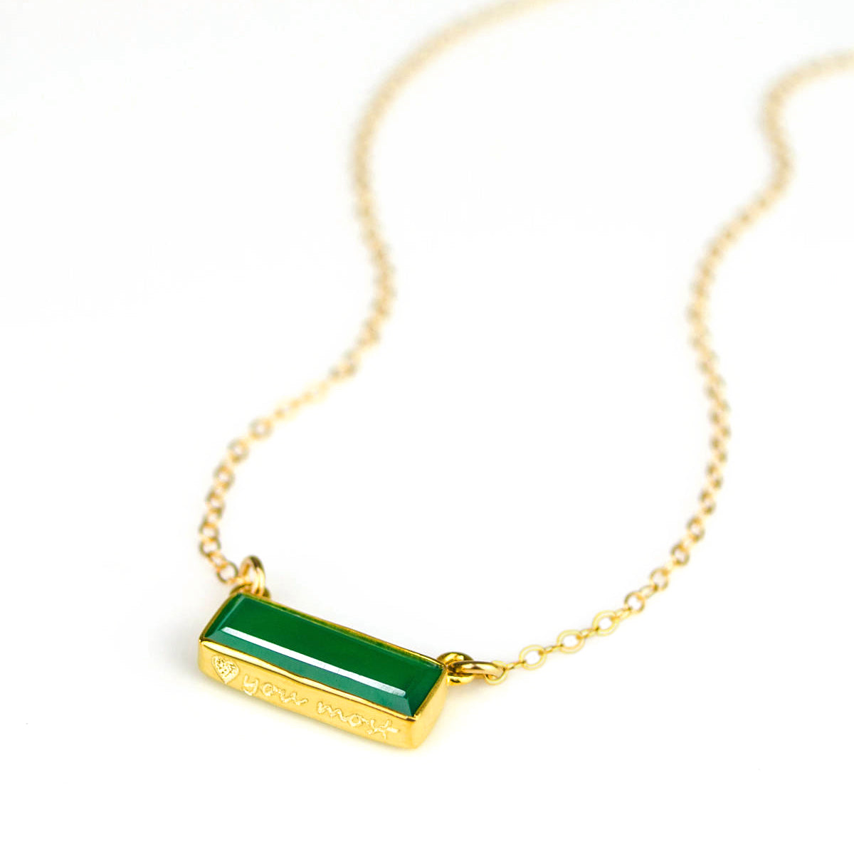 Gold filled cable chain with green tourmaline horizontal adira bar necklace with initial engraved on bottom in script font