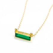 Gold filled cable chain with green tourmaline horizontal adira bar necklace with initial engraved on top in classic font