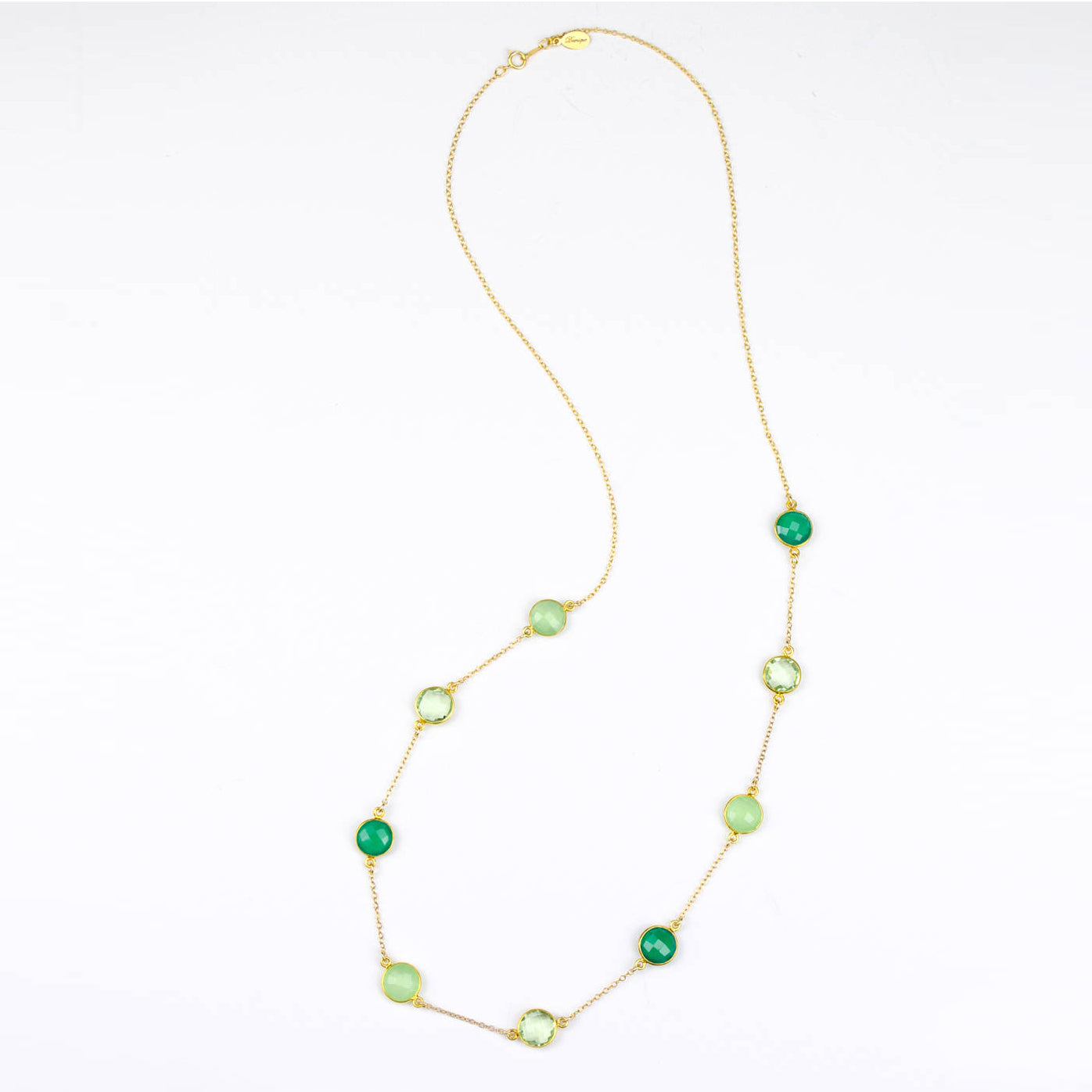 Long Green Onyx, Green Chalcedony, Green Amethyst bezel station necklace
