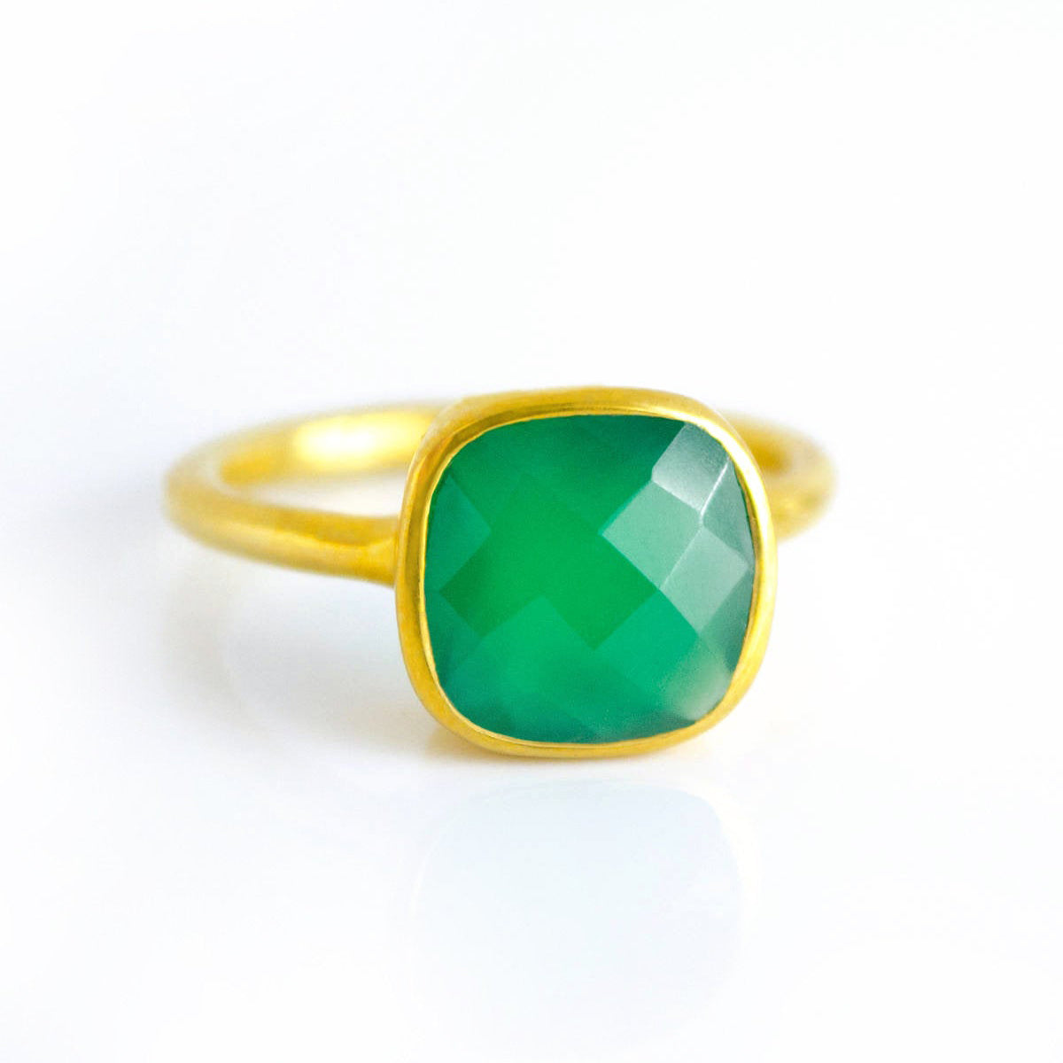Green Onyx gold plated cushion bezel square stacking ring on white background. may birthday, may gemstone square gemstone, green birthstone, green gemstone, may, sterling silver ring, may ring