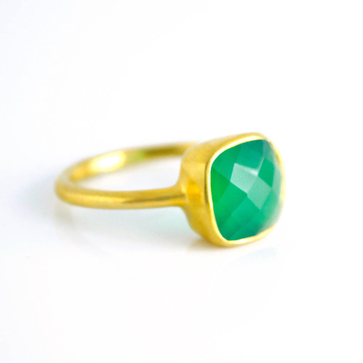 Green Onyx gold plated cushion bezel square stacking ring on white background. may birthday, may gemstone square gemstone, green birthstone, green gemstone, may, sterling silver ring, may ring