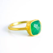 Green Onyx gold plated cushion bezel square stacking ring on white background. may birthday, may gemstone square gemstone, green birthstone, green gemstone, may, sterling silver ring, may ring