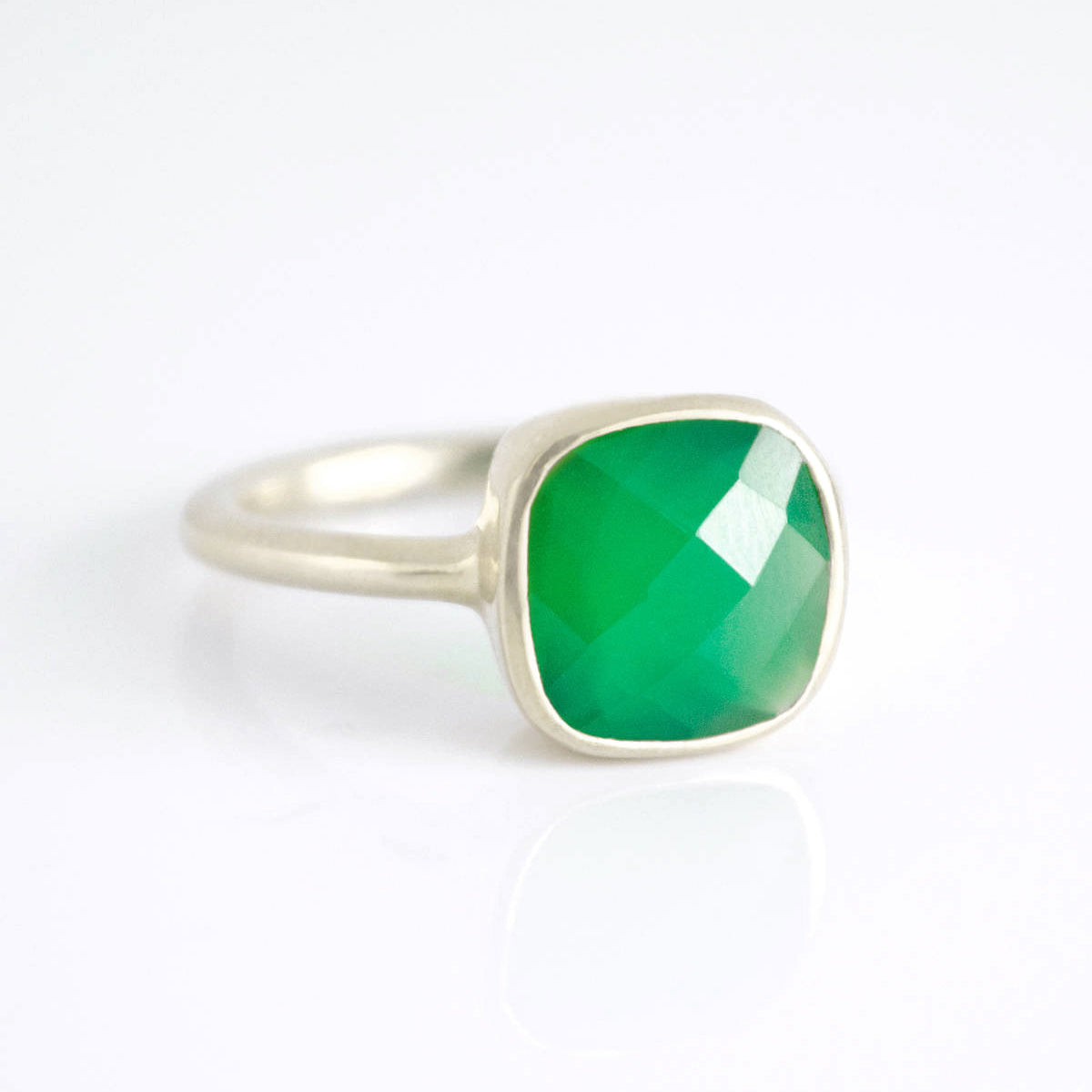 Green Onyx Sterling Silver cushion bezel square stacking ring on white background. may birthday, may gemstone square gemstone, green birthstone, green gemstone, may, sterling silver ring, may ring