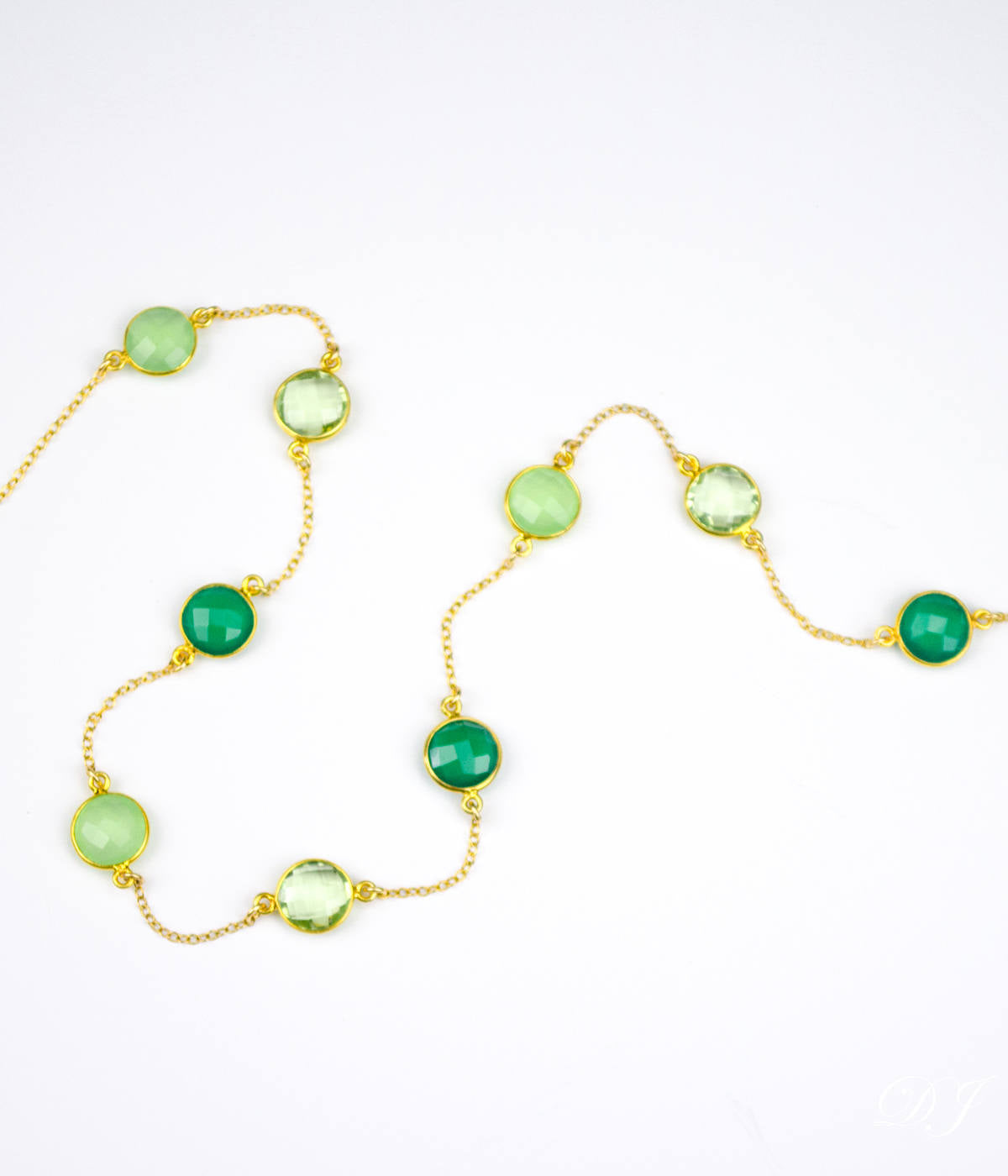 Long Green Onyx, Green Chalcedony, Green Amethyst bezel station necklace